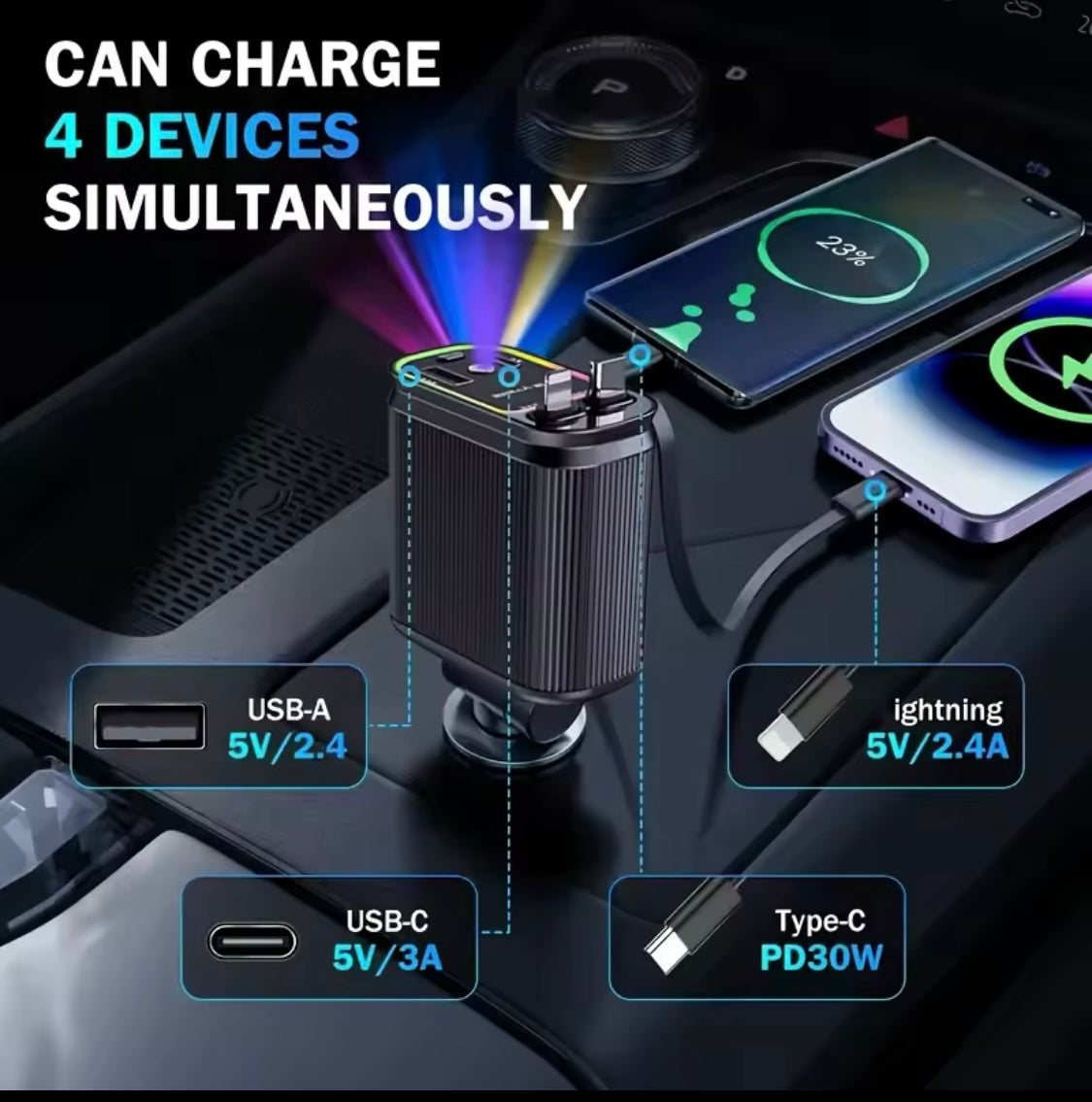 NEW 5 in 1 Retractable Car Charger Super Fast for Phone Cord Cigarette Lighter QC Adapter with 2 USB Ports Starry Sky Top