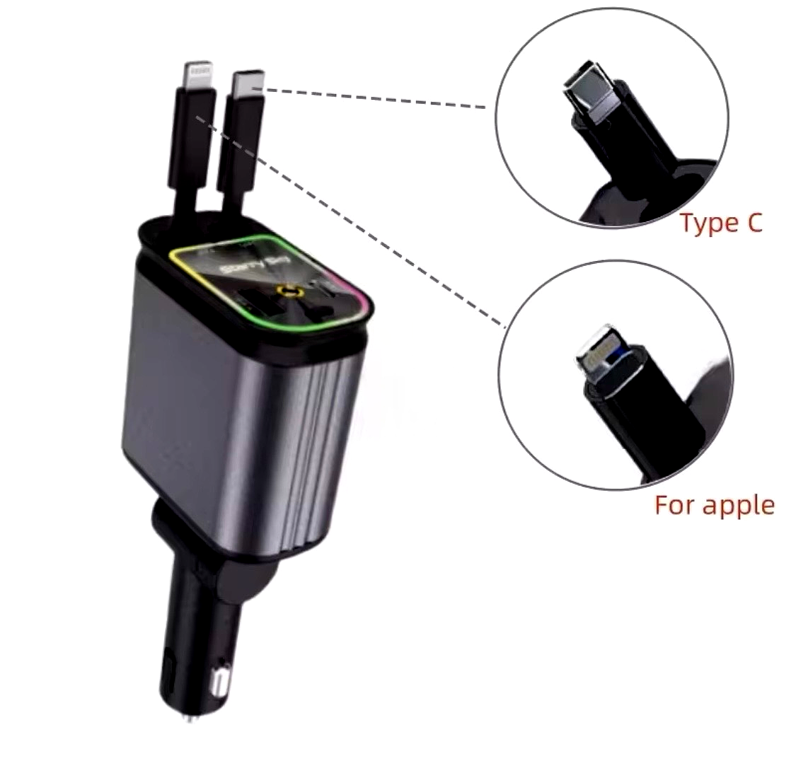 NEW 5 in 1 Retractable Car Charger Super Fast for Phone Cord Cigarette Lighter QC Adapter with 2 USB Ports Starry Sky Top