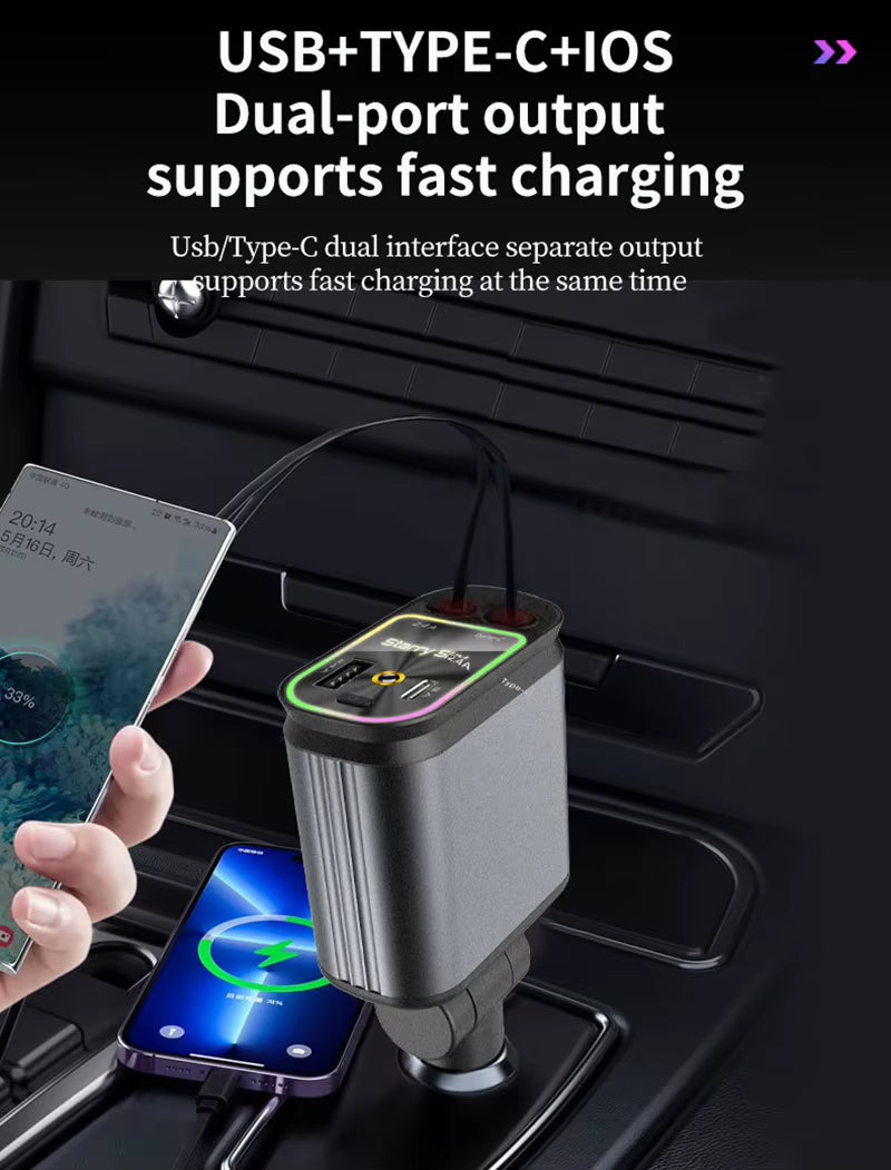 NEW 5 in 1 Retractable Car Charger Super Fast for Phone Cord Cigarette Lighter QC Adapter with 2 USB Ports Starry Sky Top