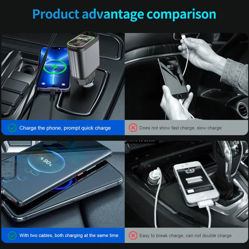 NEW 5 in 1 Retractable Car Charger Super Fast for Phone Cord Cigarette Lighter QC Adapter with 2 USB Ports Starry Sky Top