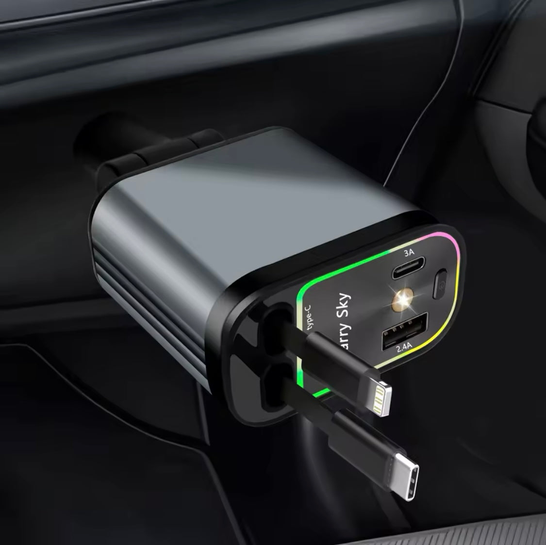 NEW 5 in 1 Retractable Car Charger Super Fast for Phone Cord Cigarette Lighter QC Adapter with 2 USB Ports Starry Sky Top